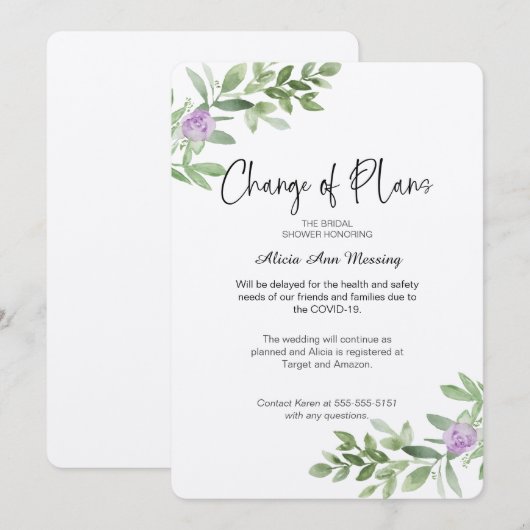 Veranderen van plannen lavender voor bruiloft kaart (Voorkant / Achterkant)