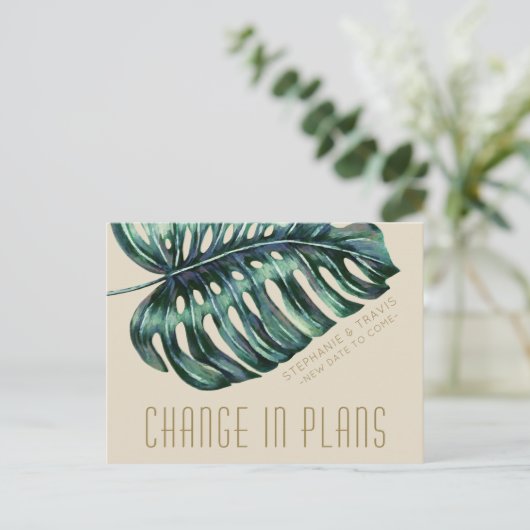 Verandering in plannen Tropische bruiloft uitstel Briefkaart (Staand voorkant)