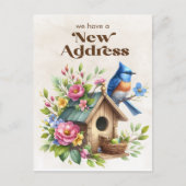 Verandering van adres Birdhouse Blue Bird Flowers Aankondigingskaart (Voorkant)