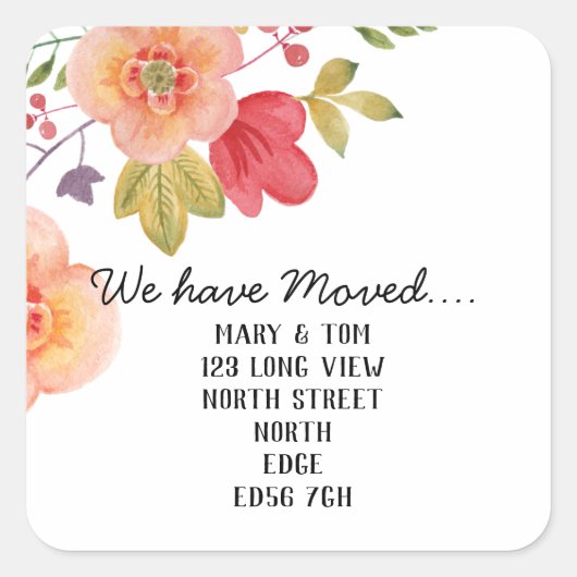 Verandering van adres floral sinaasappel vierkante sticker (Voorkant)