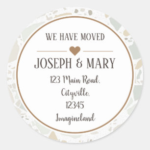 Verandering van adres in de moderne terrazzo ronde sticker