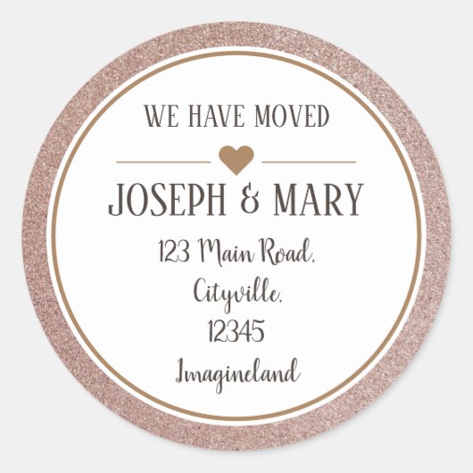 Verandering van adres roos goud glitter modern ronde sticker (Voorkant)