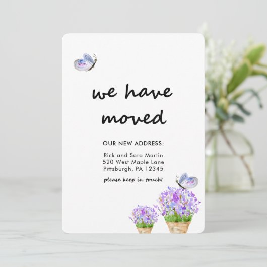Verandering van Adres Rustieke Bloemen met Vlinder Aankondiging (Staand voorkant)