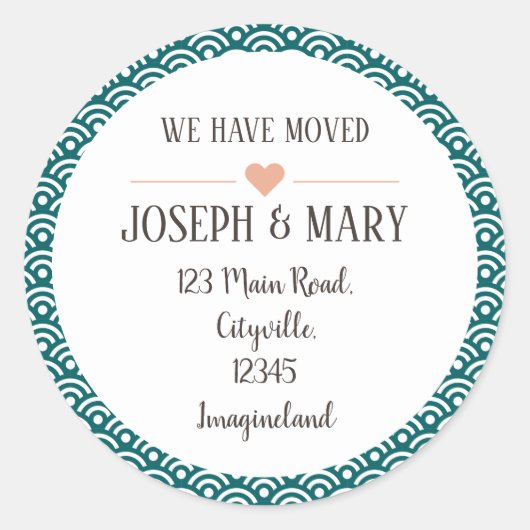 Verandering van adresblauw modern patroon ronde sticker (Voorkant)