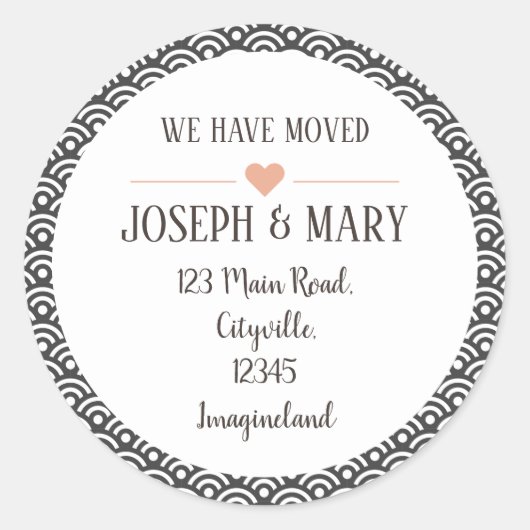 Verandering van adresgrijs modern patroon ronde sticker (Voorkant)