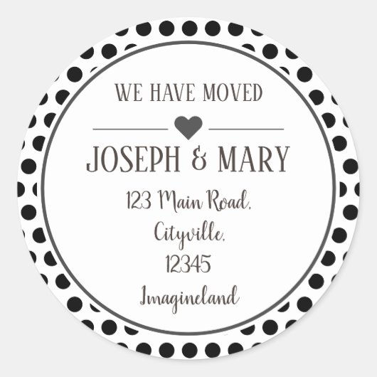 Verandering van adreszwarte polka-punten ronde sticker (Voorkant)