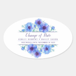 Verandering van datum anemone blauwe bruiloft uitg ovale sticker