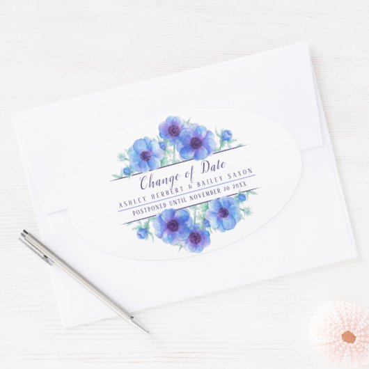 Verandering van datum anemone blauwe bruiloft uitg ovale sticker (Envelop)