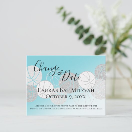 Verandering van datum Basketball Bat Mitzvah Briefkaart (Staand voorkant)