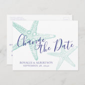 Verandering van Datum Blauwgroen strand bruiloft S Aankondigingskaart (Voorkant / Achterkant)