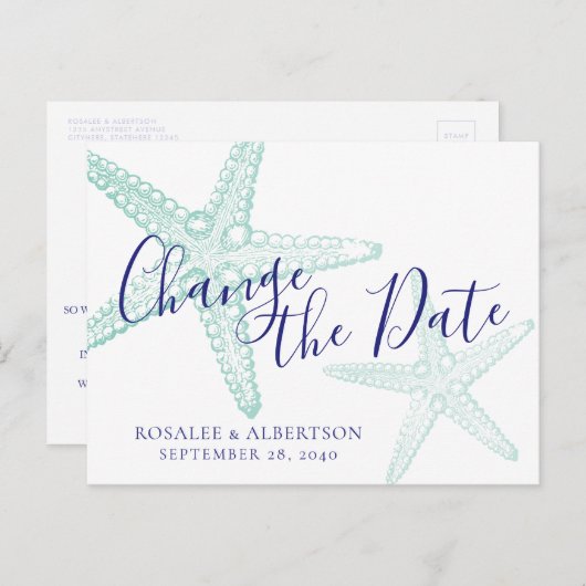Verandering van Datum Blauwgroen strand bruiloft S Aankondigingskaart (Voorkant / Achterkant)