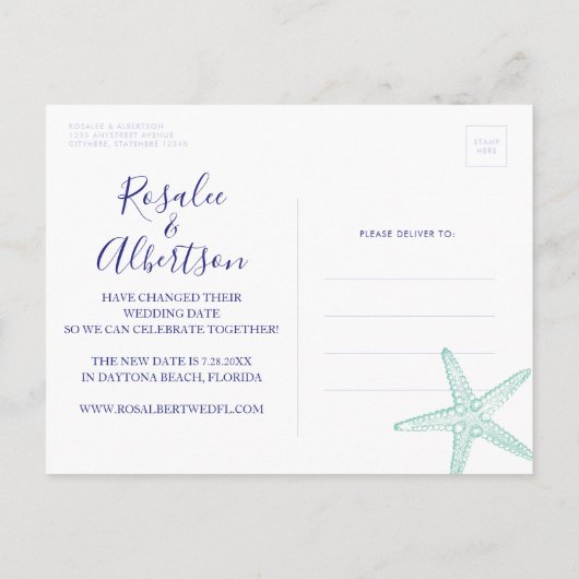 Verandering van Datum Blauwgroen strand bruiloft S Aankondigingskaart (Achterkant)
