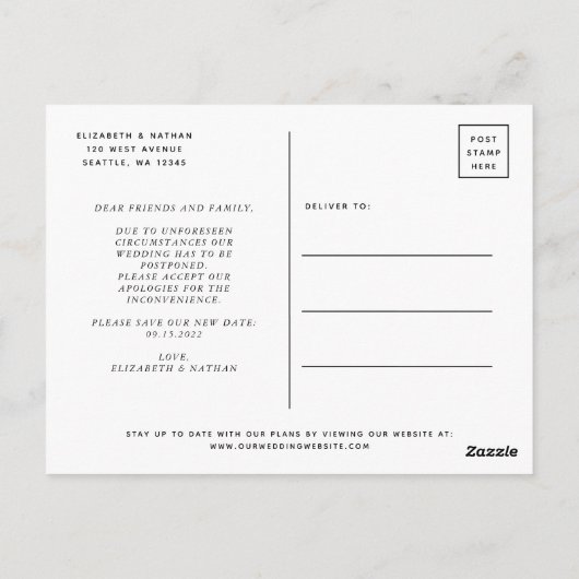 Verandering van Datum Bruiloft Uitstel Briefkaart (Achterkant)