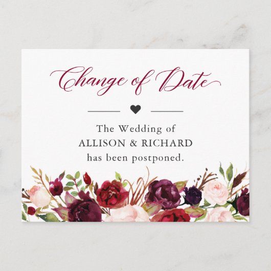Verandering van datum Rustic Burgundy Rode Blos Wi Briefkaart (Voorkant)