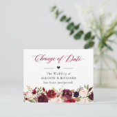 Verandering van datum Rustic Burgundy Roze Bloemen Briefkaart (Staand voorkant)