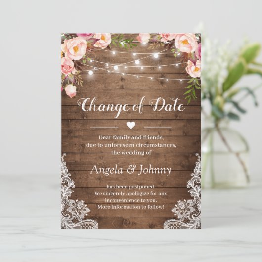 Verandering van Datum Rustic Floral Lace String Li Kaart (Staand voorkant)