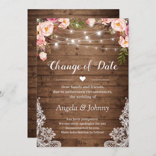 Verandering van Datum Rustic Floral Lace String Li Kaart (Voorkant / Achterkant)