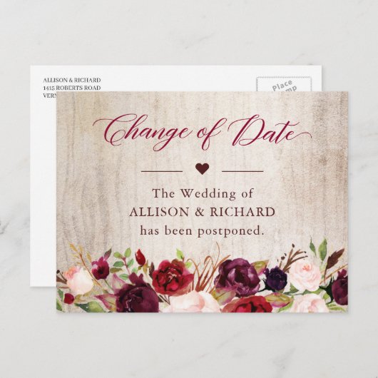 Verandering van datum Rustic Wood Burgundy Red Flo Briefkaart (Voorkant / Achterkant)
