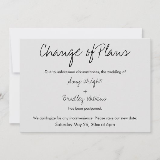 "Verandering van de plannen" Uitgestelde bruiloft  Kaart (Voorkant)