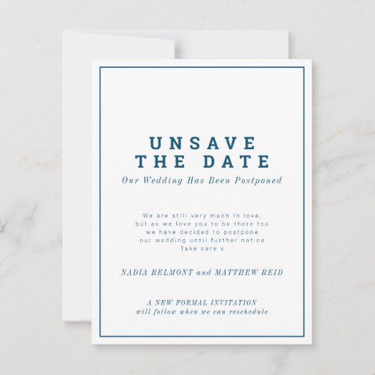 Verandering van plan trouwdatum opschorten save the date (Voorkant)
