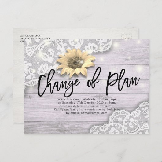 Verandering van plan-weddenschap Uitstel zonnebloe Aankondigingskaart (Voorkant / Achterkant)