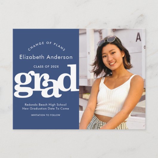 Verandering van plannen afstuderen foto navy bold uitnodiging briefkaart (Voorkant)
