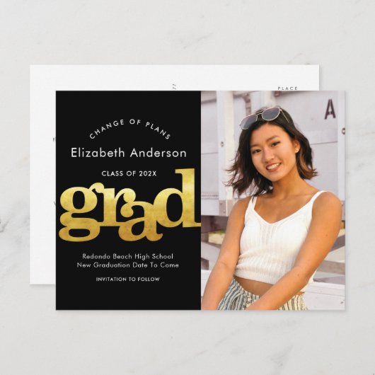 Verandering van plannen afstuderen gouden zwarte t uitnodiging briefkaart (Voorkant / Achterkant)