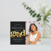 Verandering van plannen afstuderen gouden zwarte t uitnodiging briefkaart (Staand voorkant)