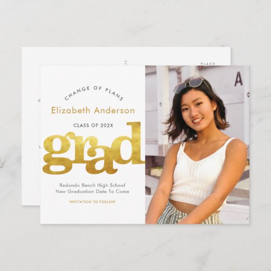 Verandering van plannen afstuderen vettige goudtyp uitnodiging briefkaart (Voorkant / Achterkant)