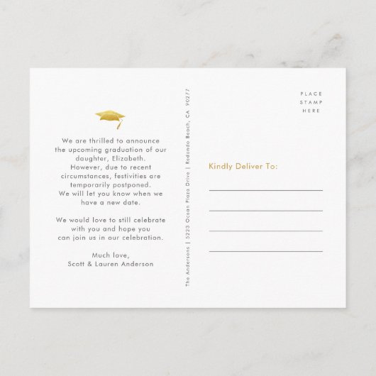 Verandering van plannen afstuderen vettige goudtyp uitnodiging briefkaart (Achterkant)