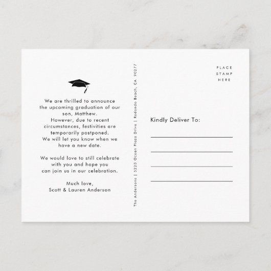 Verandering van plannen afstuderen zwarte vetgedru uitnodiging briefkaart (Achterkant)