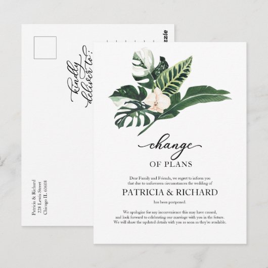 Verandering van plannen bruiloft uitstel tropisch briefkaart (Voorkant / Achterkant)