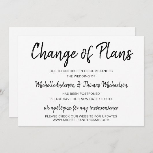 Verandering van plannen eenvoudig zwart-wit save the date (Voorkant / Achterkant)