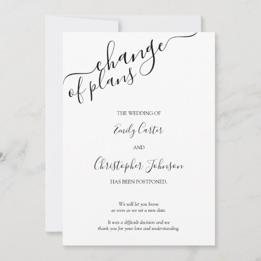 Verandering van Plannen Elegant Script Zwart Wit K Save The Date (Voorkant)