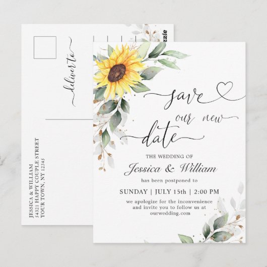 Verandering van plannen Elegant Sunflower Wedding Briefkaart (Voorkant / Achterkant)