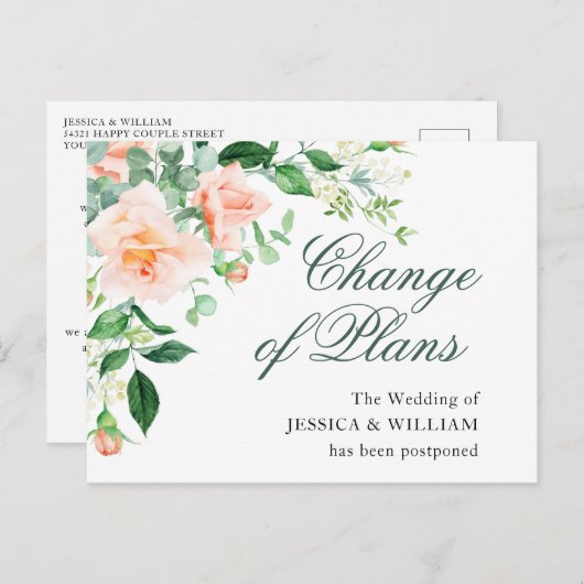 Verandering van Plannen Elegante Roze Rozen Bruilo Briefkaart (Voorkant / Achterkant)