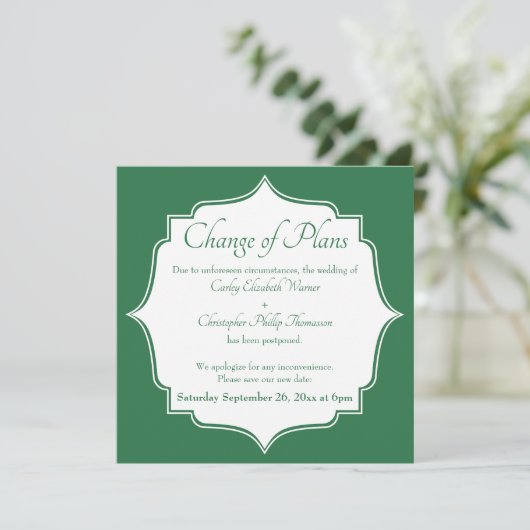 Verandering van Plannen Groene Uitgestelde Bruilof Kaart (Staand voorkant)