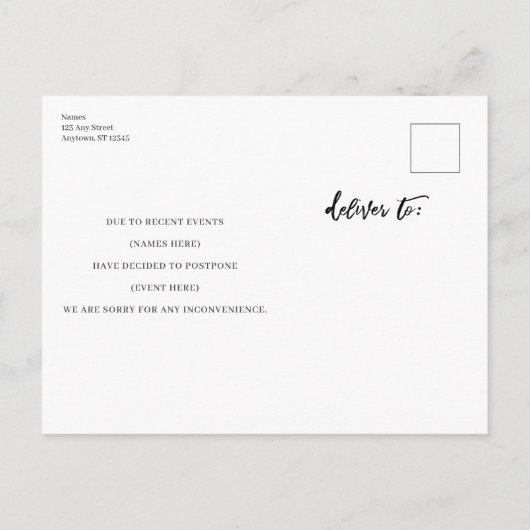 Verandering van plannen Modern Gray White Postpone Aankondigingskaart (Achterkant)