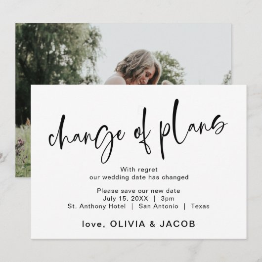 Verandering van plannen | Modern zwart-wit Save The Date (Voorkant / Achterkant)