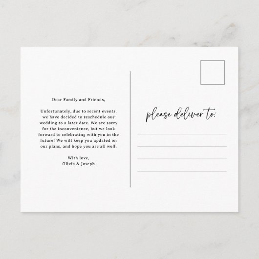 Verandering van plannen | Modern zwart-wit script Briefkaart (Achterkant)