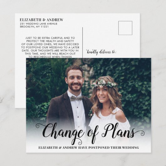 Verandering van Plannen Moderne Calligrafie Script Aankondigingskaart (Voorkant / Achterkant)