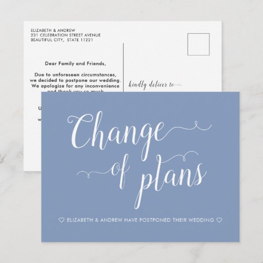 Verandering van plannen Stofblauwe trouwdatum uitg Aankondigingskaart (Voorkant / Achterkant)