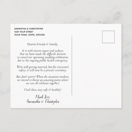 Verandering van Plannen Trouwdatum Uitgesteld Eenv Aankondigingskaart (Achterkant)