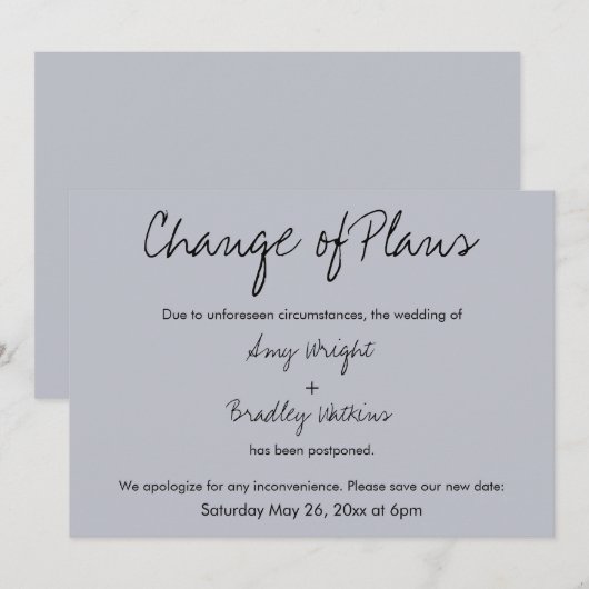 "Verandering van plannen" Uitgestelde bruiloft Bla Kaart (Voorkant / Achterkant)