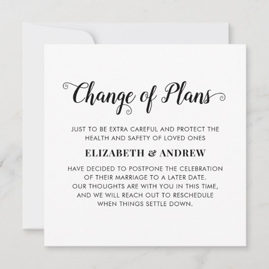 Verandering van plannen uitgestelde bruiloft foto aankondiging (Voorkant)