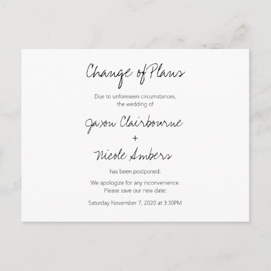 Verandering van plannen voor het uitstellen van ee briefkaart (Voorkant)