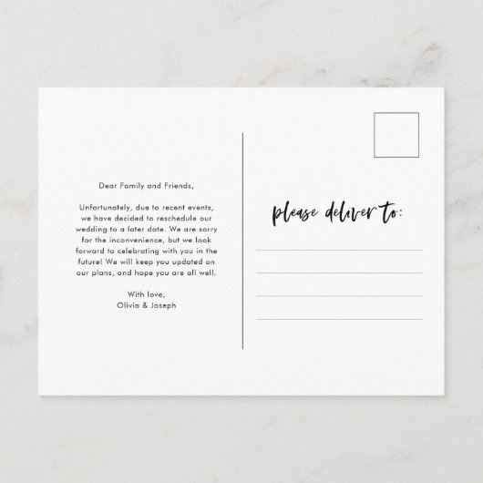 Verandering van plannen | Zwart-wit Casual script Briefkaart (Achterkant)