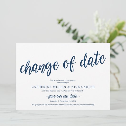 Verandering van trouwdatum, marineblauw, aankondig kaart (Staand voorkant)