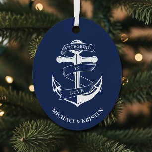 Verankerd in de liefde Nautisch blauwe anker Kerst Metalen Ornament