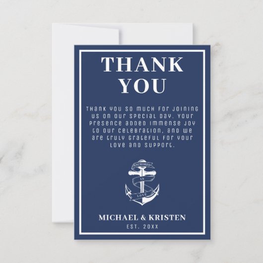 Verankerd in Liefde Nautisch Blauw Anker Bruiloft Bedankkaart (Voorkant)